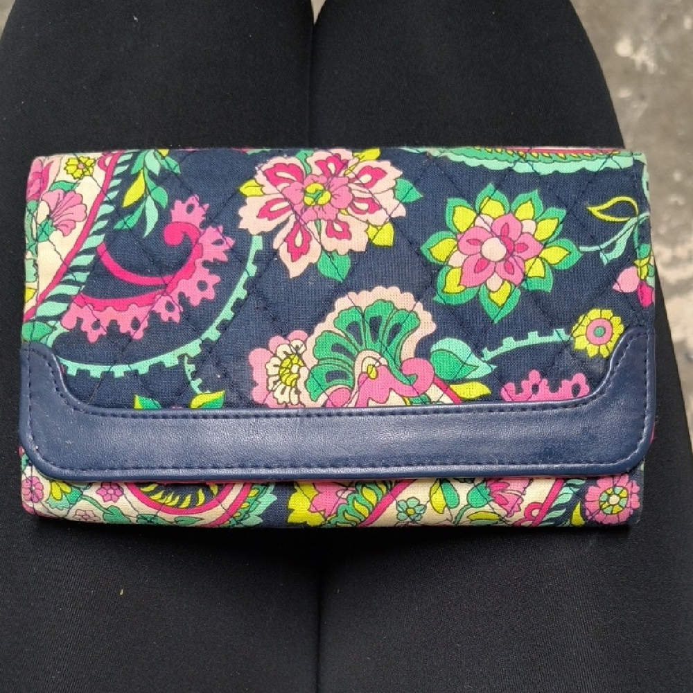 Vera Bradley Navy Floral Quilted Wallet with Pink & Green Accents